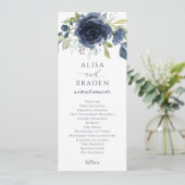 Navy Blue Silver Floral Waterverf Wedding Programma (Staand voorkant)