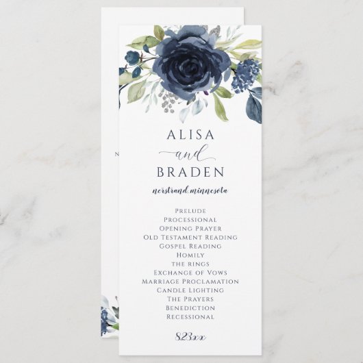 Navy Blue Silver Floral Waterverf Wedding Programma (Voorkant / Achterkant)