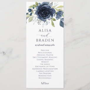 Navy Blue Silver Floral Waterverf Wedding Programma