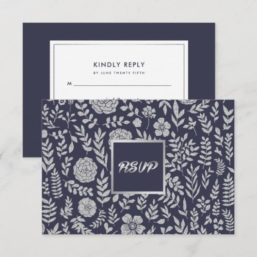 Navy blue | Silver Floral Wedding RSVP Kaartje (Voorkant / Achterkant)
