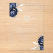Navy Blue Silver Floral Wedding Save the Date Acryl Uitnodigingen (Voorkant)