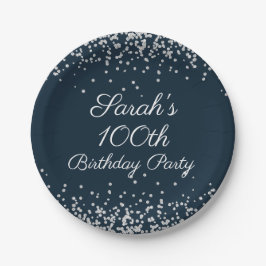 Navy Blue Silver Glitter 100th Birthday Party Papieren Bordje
