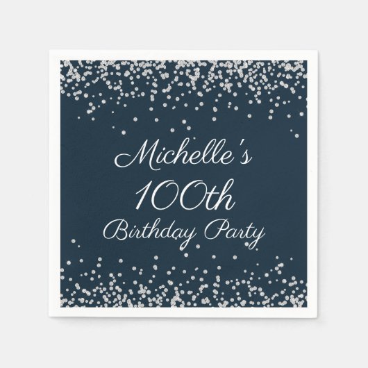 Navy Blue Silver Glitter 100th Birthday Party Servet (Voorkant)