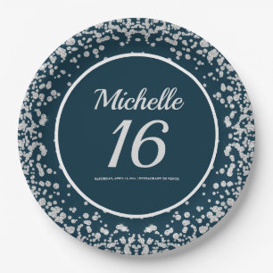 Navy Blue Silver Glitter 16th Birthday Papieren Bordje