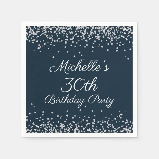 Navy Blue Silver Glitter 30th Birthday Party Servet (Voorkant)