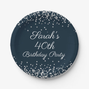 Navy Blue Silver Glitter 40th Birthday Party Papieren Bordje