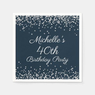 Navy Blue Silver Glitter 40th Birthday Party Servet