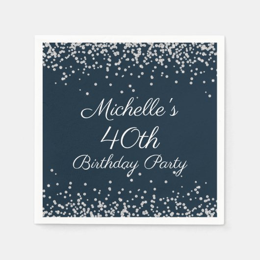 Navy Blue Silver Glitter 40th Birthday Party Servet (Voorkant)