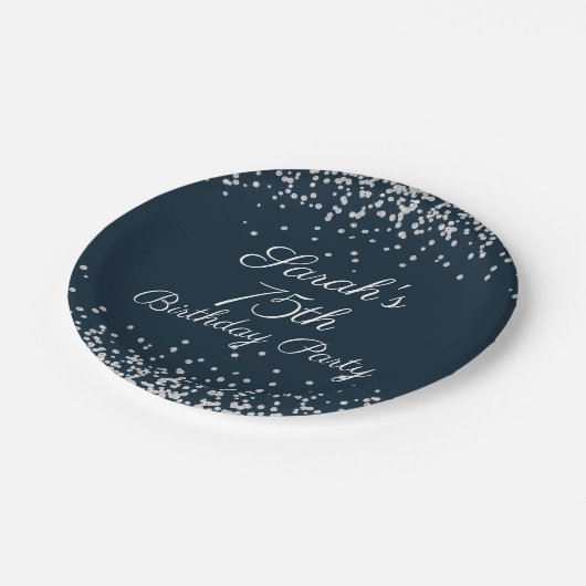 Navy Blue Silver Glitter 75th Birthday Party Papieren Bordje (Gekanteld)