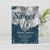 Navy Blue Silver Glitter Ballon Sweet 16 Birthday Kaart (Staand voorkant)