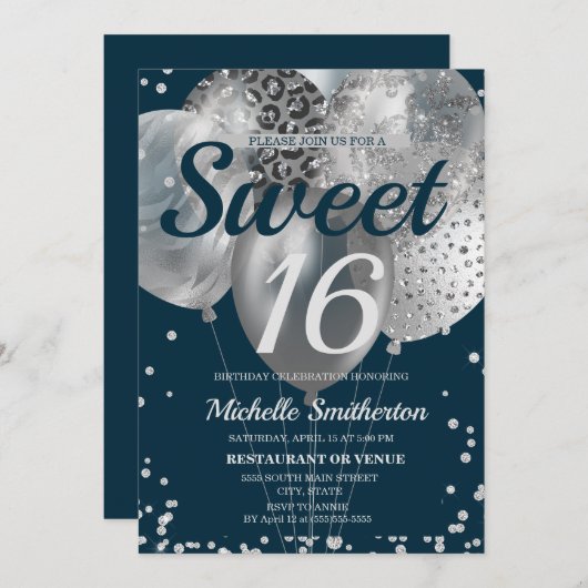 Navy Blue Silver Glitter Ballon Sweet 16 Birthday Kaart (Voorkant / Achterkant)