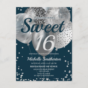 Navy Blue Silver Glitter Balloons Sweet 16 Briefkaart