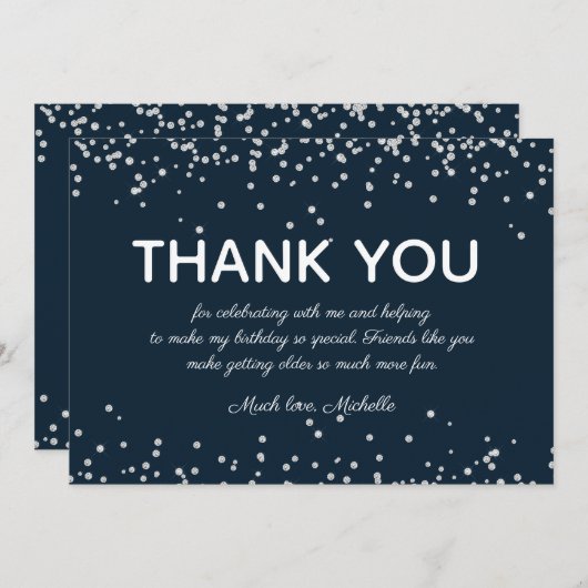 Navy Blue Silver Glitter Birthday Hartelijk dank Bedankkaart (Voorkant / Achterkant)