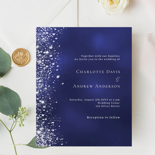 Navy blue Silver Glitter budget bruiloft uitnodigi