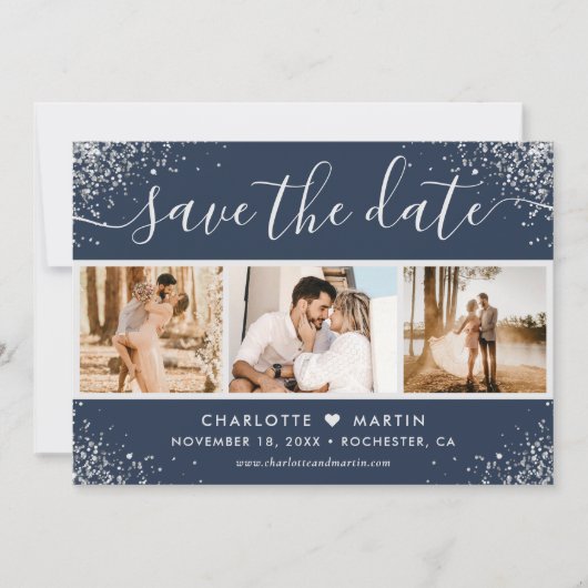 Navy Blue Silver Glitter Confetti Wedding 3 Foto Save The Date (Voorkant)