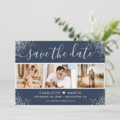 Navy Blue Silver Glitter Confetti Wedding 4 Foto Save The Date (Staand voorkant)