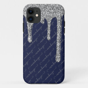 Navy Blue Silver Glitter Drips Handgeschreven naam iPhone 11 Hoesje