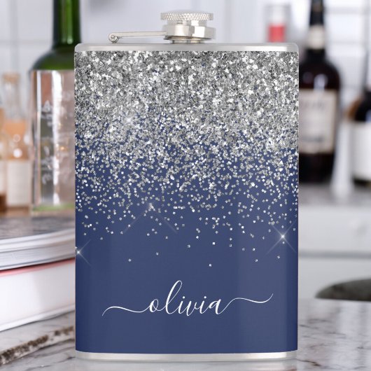 Navy Blue Silver Glitter Girly Monogram Heupfles
