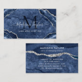 Navy Blue Silver Glitter Marble Agate Monogram Visitekaartje (Voorkant / Achterkant)