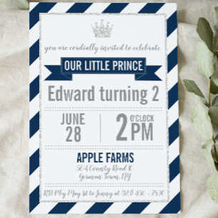 Navy Blue Silver Glitter Prince Birthday Invite Kaart