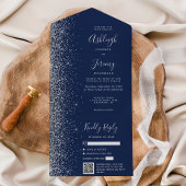Navy Blue Silver Glitter QR Code Wedding All In One Uitnodiging