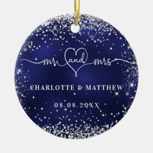 Navy blue Silver Glitter sparkles recent weds Keramisch Ornament