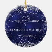 Navy blue Silver Glitter sparkles recent weds Keramisch Ornament (Achterkant)