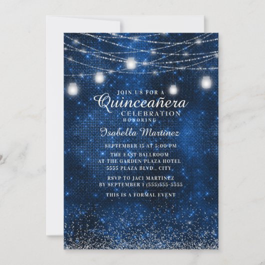 Navy Blue Silver Glitter String Light Quinceañera Kaart (Voorkant)