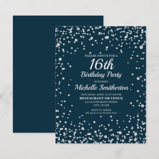 Navy Blue Silver Glitter Sweet 16 Birthday Kaart (Voorkant / Achterkant)