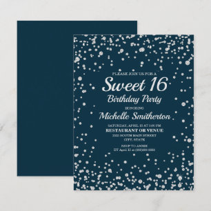 Navy Blue Silver Glitter Sweet 16 Birthday Kaart