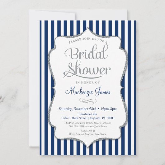 Navy Blue Silver Grey Bridal Shower Kaart (Voorkant)