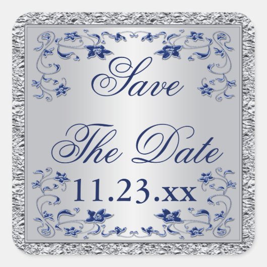 Navy Blue Silver Grey Floral Économisez Le Sticker (Devant)