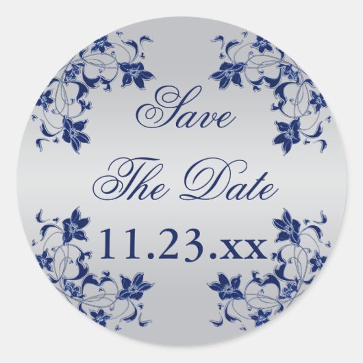 Navy Blue Silver Grey Floral Économisez Le Sticker (Devant)