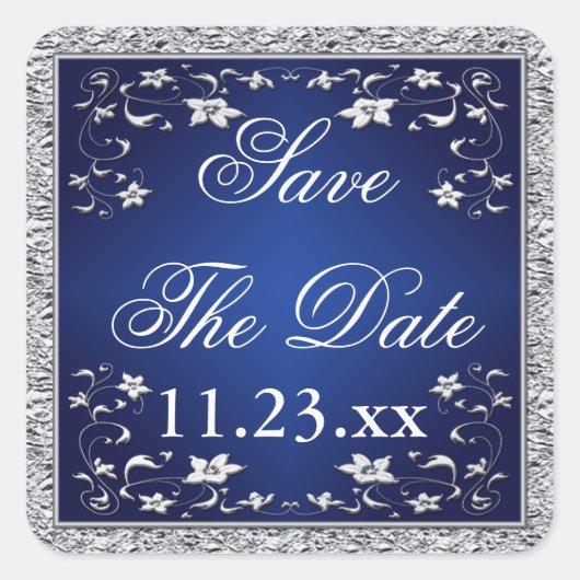 Navy Blue Silver Grey Floral redt de Date Sticker (Voorkant)