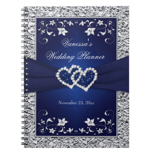 Navy Blue, Silver Joined Hearts Floral notebook Notitieboek (Voorkant)