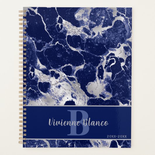 Navy Blue Silver Marble Abstracte Glitter Art Desi Planner (Voorkant)