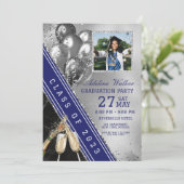 Navy Blue Silver Photo Graduparty Invitation Kaart (Staand voorkant)