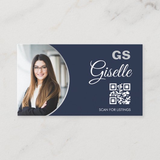 Navy Blue Silver Photo Monogram Realtor QR Code  Visitekaartje (Voorkant)