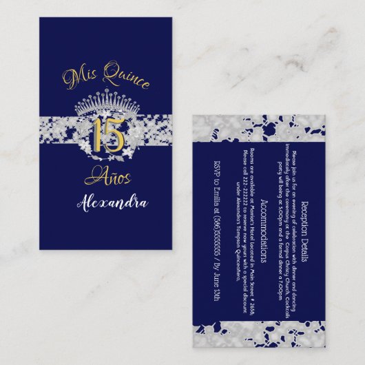 Navy Blue Silver Quinceanera Boho Spaans Informatiekaartje (Voorkant / Achterkant)