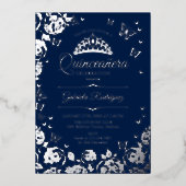 Navy Blue Silver Rozen Quinceanera RSVP QR-code Folie Uitnodiging (Voorkant)