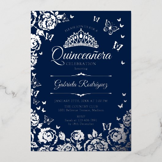 Navy Blue Silver Rozen Quinceanera RSVP QR-code Folie Uitnodiging (Voorkant)