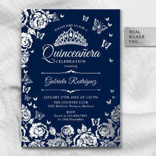 Navy Blue Silver Rozen Vlinders Quinceanera Folie Uitnodiging