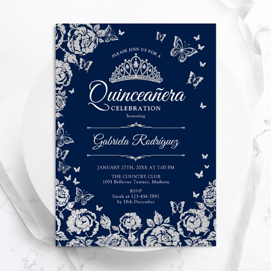 Navy Blue Silver Rozen Vlinders Quinceanera Kaart