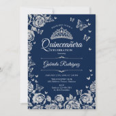 Navy Blue Silver Rozen Vlinders Quinceanera Kaart (Voorkant)