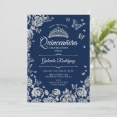 Navy Blue Silver Rozen Vlinders Quinceanera Kaart (Staand voorkant)