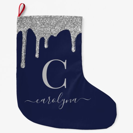 Navy Blue Silver Sparkle Glitter Driemonogram Grote Kerstsok (Voorkant)