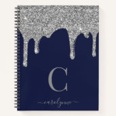 Navy Blue Silver Sparkle Glitter Driemonogram Notitieboek (Voorkant)