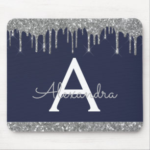 Navy Blue Silver Sparkle Glitter Monogram Muismat