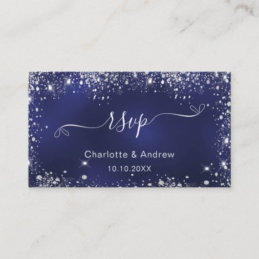 Navy blue Silver trouwwebsite RSVP QR-code Informatiekaartje (Voorkant)