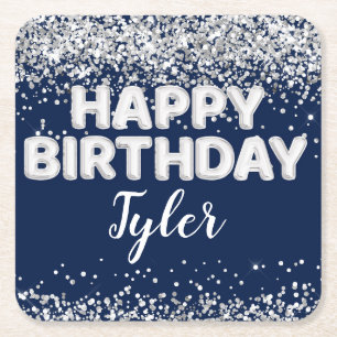 Navy Blue Silver verjaardagsfeestje Vierkante Kartonnen Onderzetter